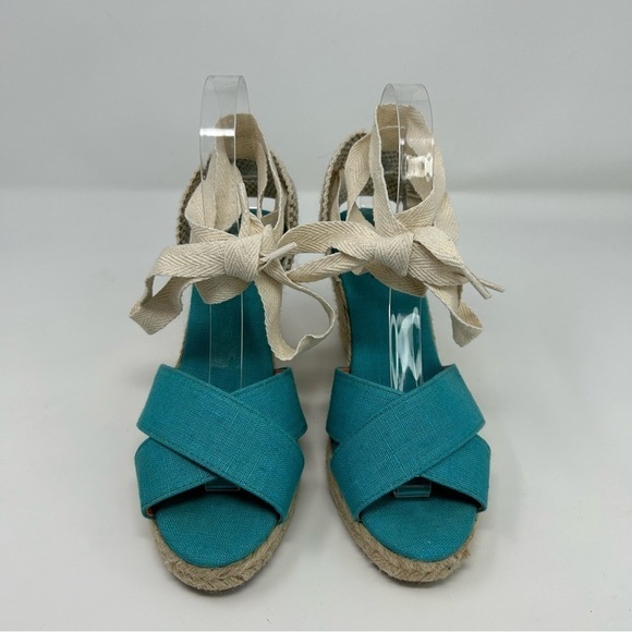 Pinaz Made in Spain Turquoise Blue & White Lace Up Espadrille Wedges Size 38 - Picture 4 of 15